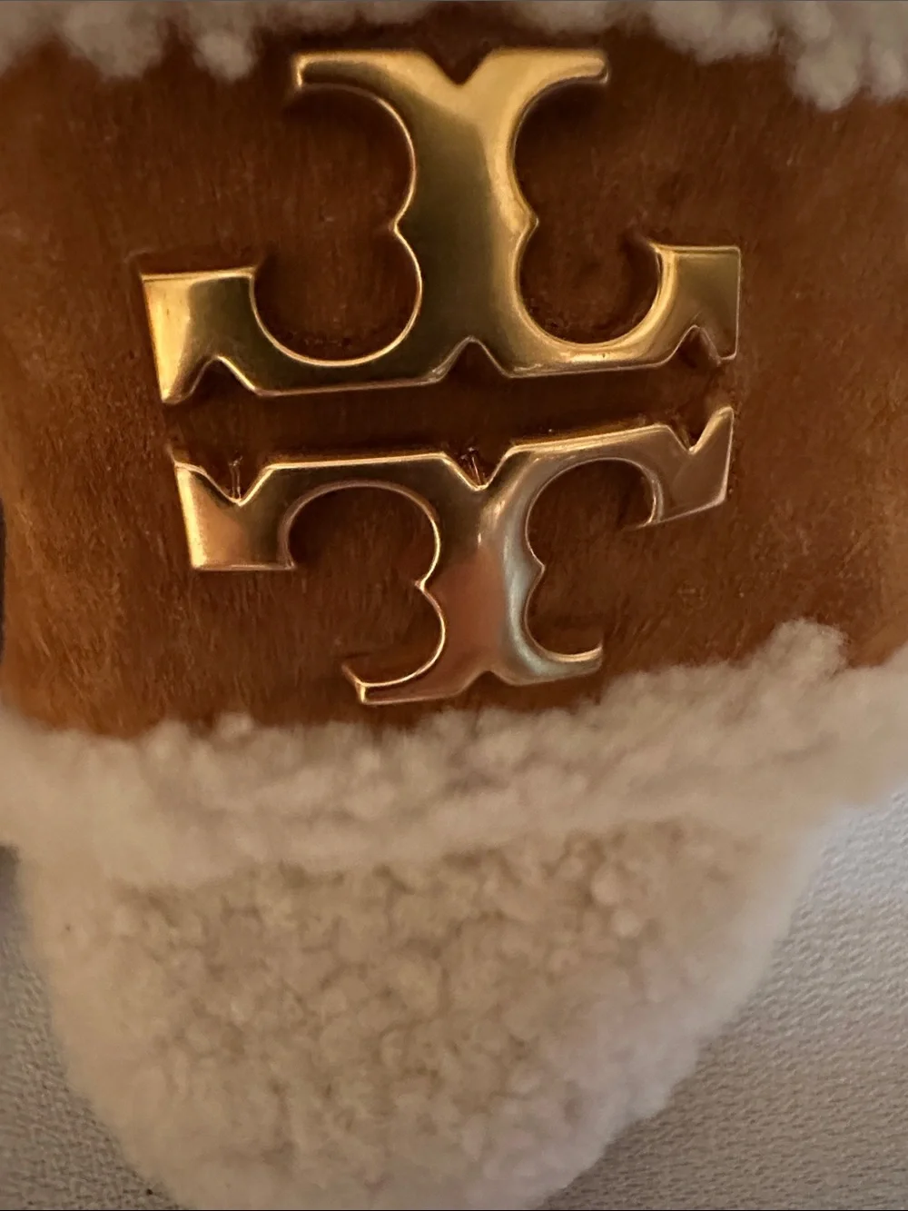 Tory Burch Everly Slide-Natural Chestnut Suede/Shearling Slide with Gold Logo